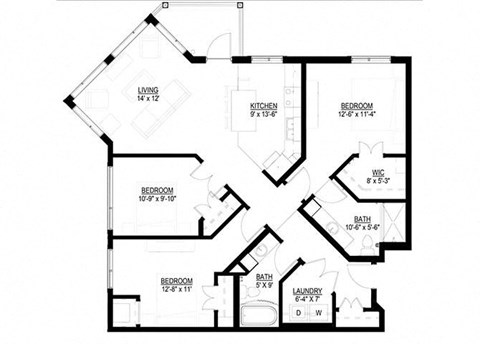Floor plan for 3 beds, 2 baths, 1290 sqft